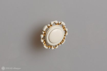 FB033 Мебельная ручка-кнопка, золото прованс со вставкой топленое молоко